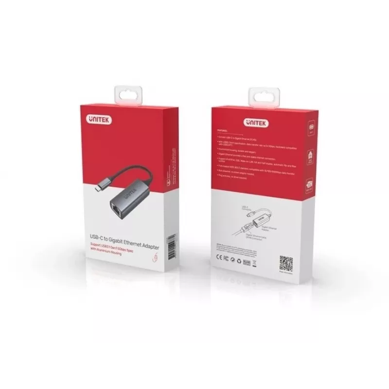 Tinklo adapteris Unitek U1312A, USB-C į RJ45, Gigabit Ethernet, pilka, 0,5 m kabelis
