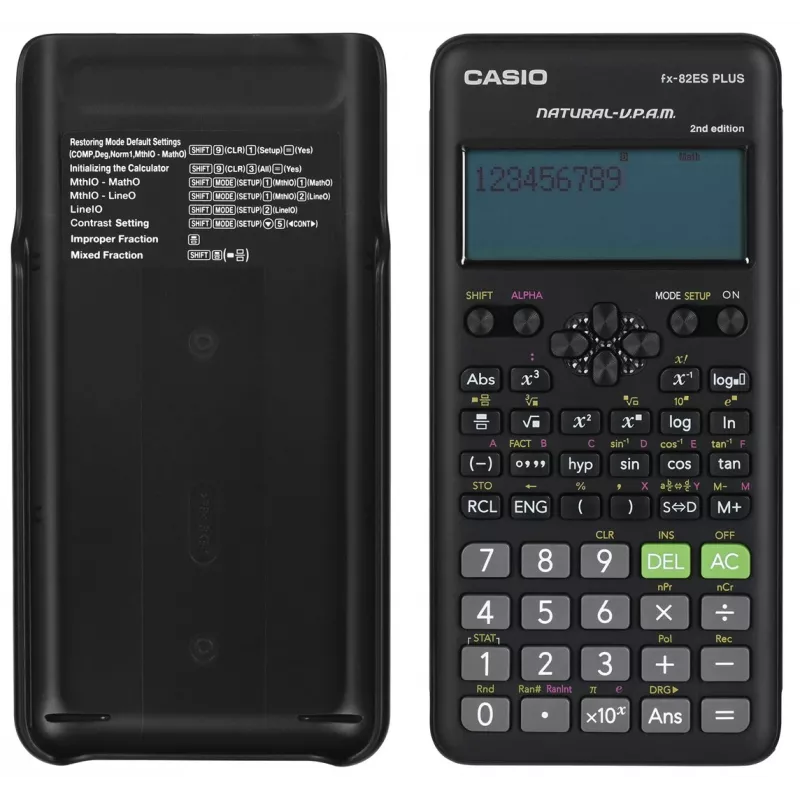 Mokslinis skaičiuotuvas CASIO FX-82ES PLUS-2 Pocket – 252 funkcijos, 12 skaitmenų taškinės matricos ekranas, maitinamas baterija (AAA), juodas