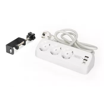 DIGITUS 3 krypčių ilgintuvas su 2×USB-A ir 1×USB-C, 3 kištukiniai lizdai E/F, 1,5 m laidas, baltas