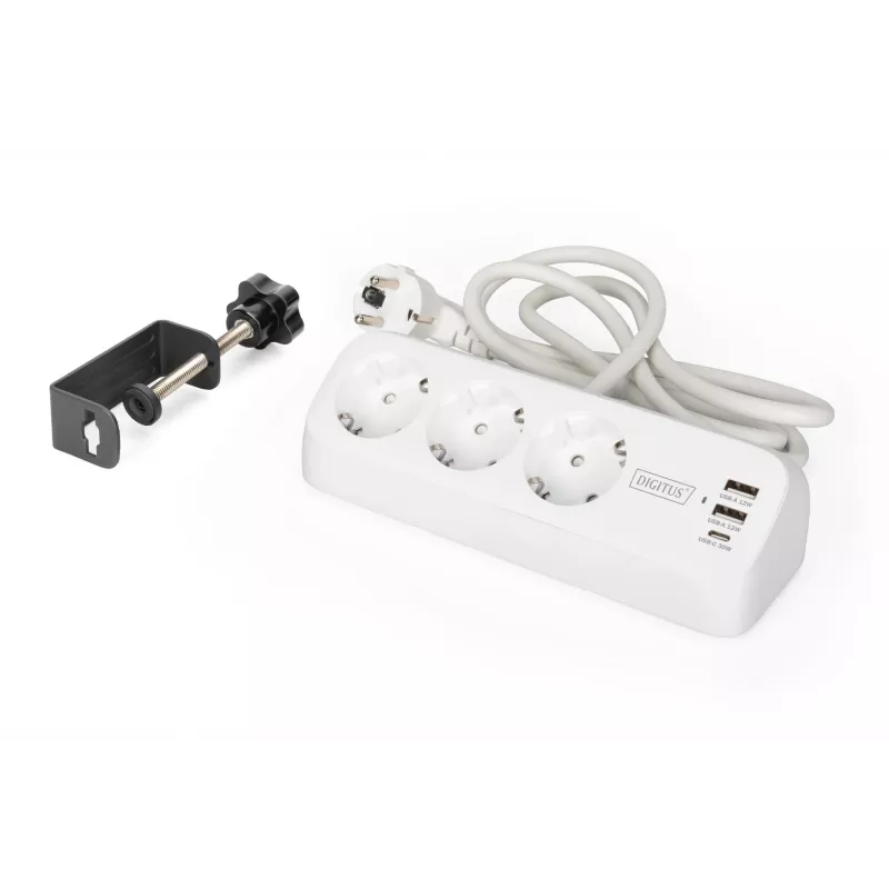 DIGITUS 3 krypčių ilgintuvas su 2×USB-A ir 1×USB-C, 3 kištukiniai lizdai E/F, 1,5 m laidas, baltas