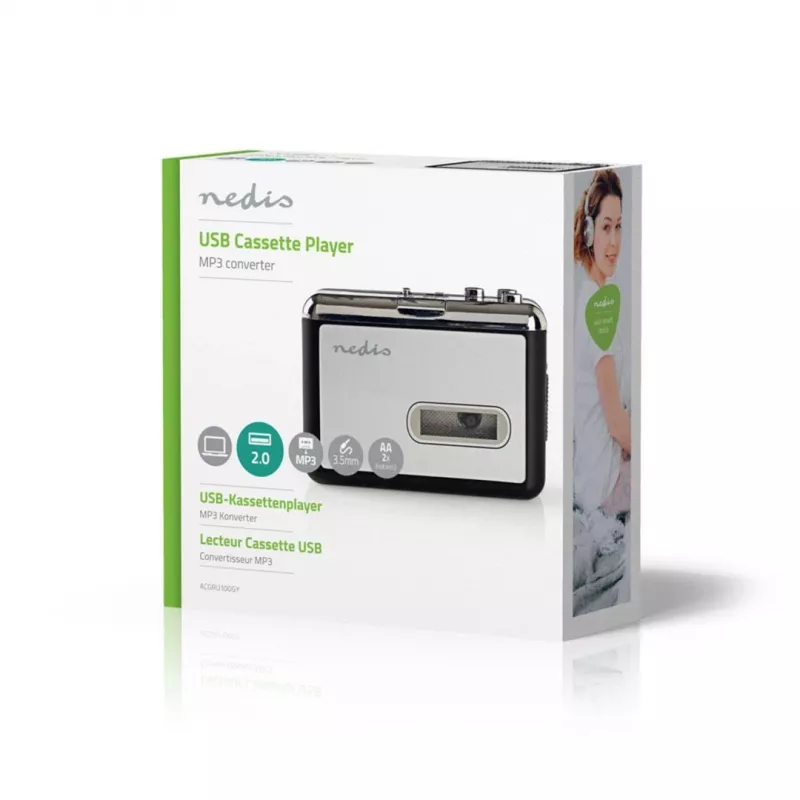 Kasečių keitiklis Nedis ACGRU100GY USB / 3,5 mm, maitinamas USB / baterijomis, pilka