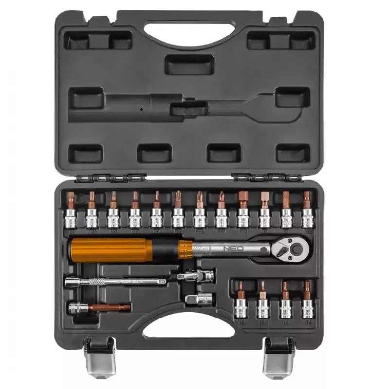 Neo Tools 1/4 abipusis dinaminis veržliaraktis, 5-25 Nm, 21 dalių rinkinys