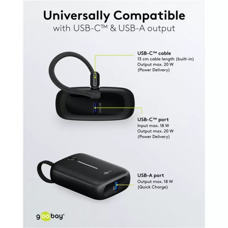 Nešiojamas powerbankas Goobay 10 000 mAh su integruotu USB-C laidu – 20W kompaktiškas kelioninis (76251)
