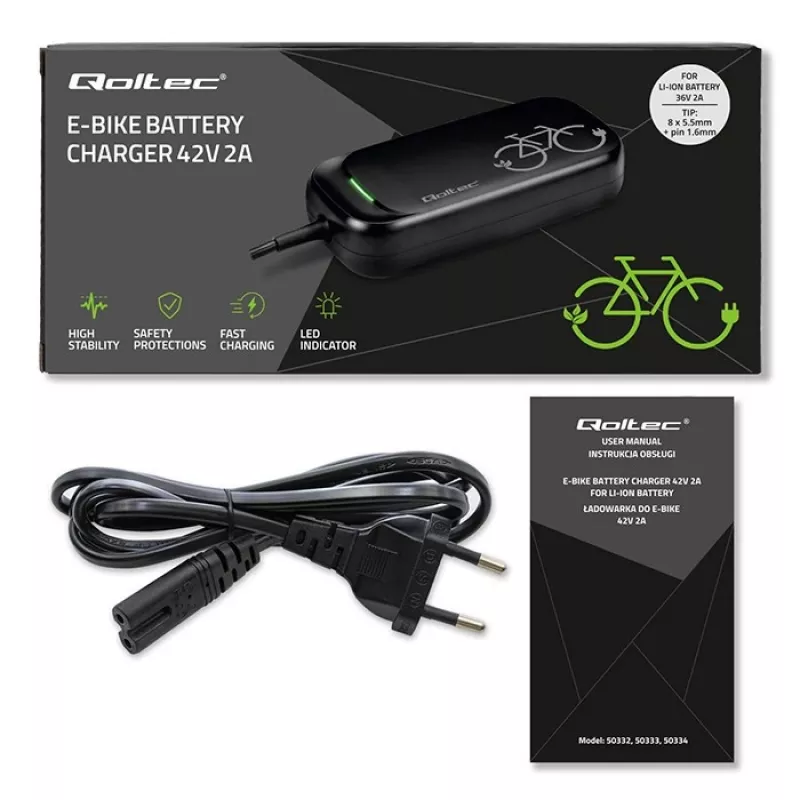 Qoltec Greitasis Įkroviklis Xiaomi 36V Elektriniam Paspaudžiamajam Dvirčiui Paspirtukui | 42V | 2A | 8,0*8,0mm+kištukas | vandeniui atsparus + maitinimo laidas