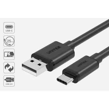 USB-A į USB-C laidas Unitek C14068BK, 2 m, USB 2.0, juodas, vyriškas į vyrišką