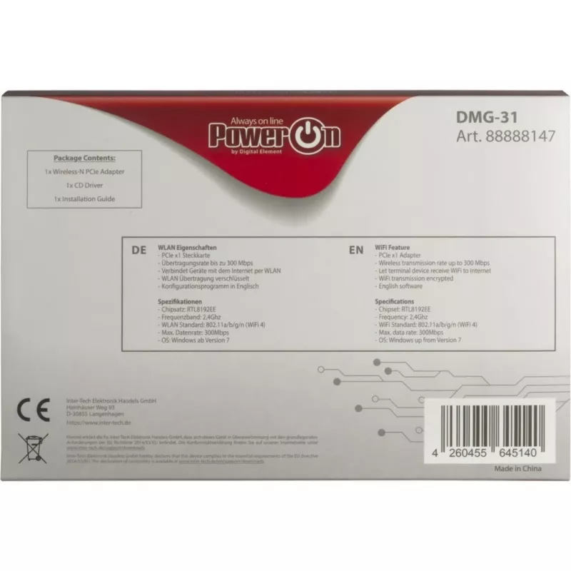 Inter-Tech DMG-31 belaidė PCI Express Wi-Fi 4 (802.11n) kortelė, 300 Mbit/s (88888147)