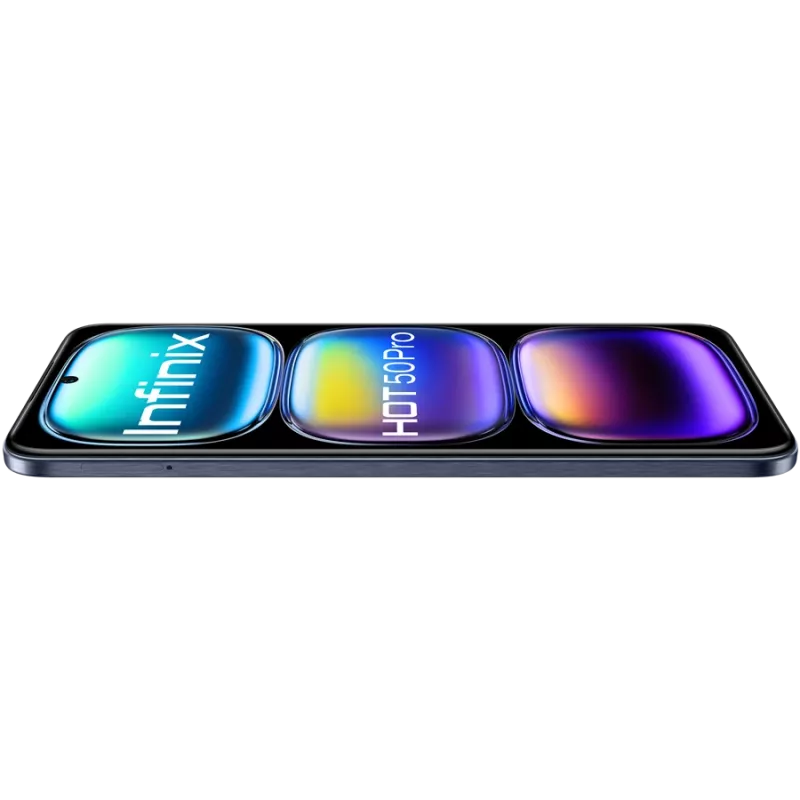 Išmanusis telefonas INFINIX HOT 50 PRO – 6,78 colio (17,2 cm) FHD+ ekranas, MediaTek Helio G100 Ultra, 8 GB RAM, 256 GB atminties, 50 MP kamera, Android 14, 5000 mAh baterija, Dual SIM, IP54, juodos spalvos