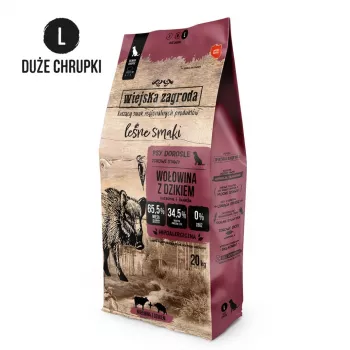 Sausas šunų ėdalas wiejskazagroda Forest Flavors Jautiena su Šernu Suaugusiems L 20 kg – be grūdų, 31% baltymų, 20% riebalų