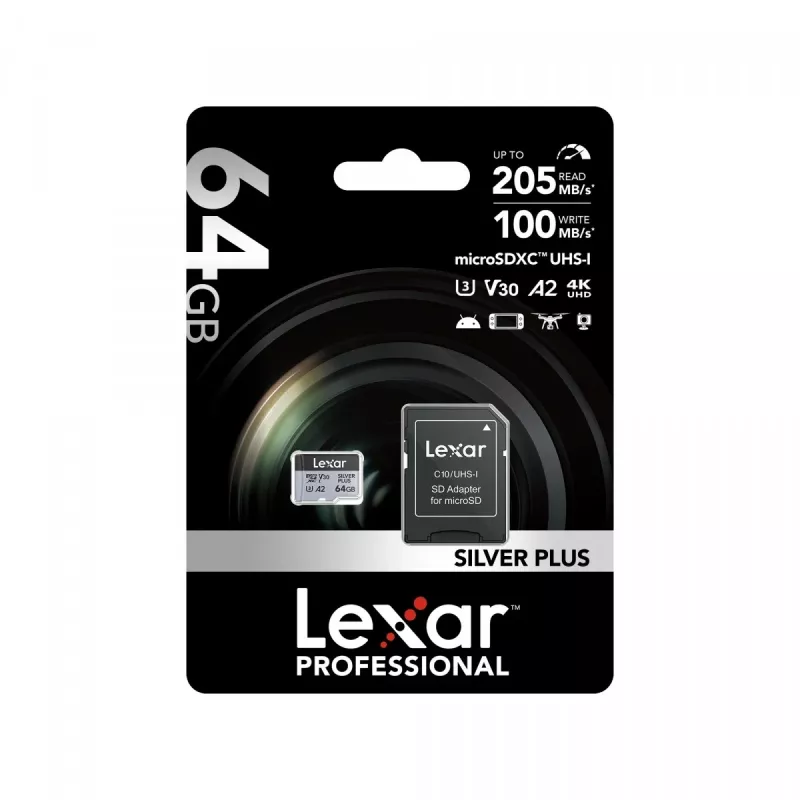 „Lexar“ 64 GB microSDXC atminties kortelė UHS-I Class 3 SILVER PLUS