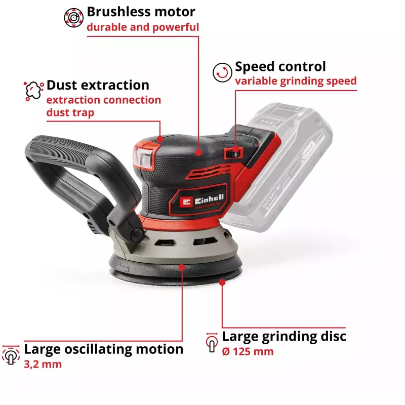 Šlifuoklis EINHELL TP‑RS 18/32 Li BL Solo – 24 000 aps./min, juodai raudonas, 1,11 kg