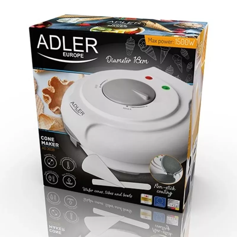 Vaflinė Adler AD 3038 – vienas apvalus vaflis, 1500 W, reguliuojamas termostatas, nelipnios plokštės, pilka/balta