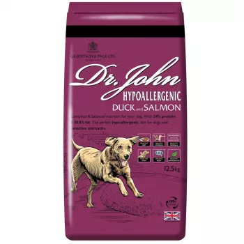 Sausas šunų ėdalas Dr. John Hypoallergenic Duck with Salmon – pilnavertis suaugusiems šunims, 12,5 kg, 24% baltymų, 10,5% riebalų