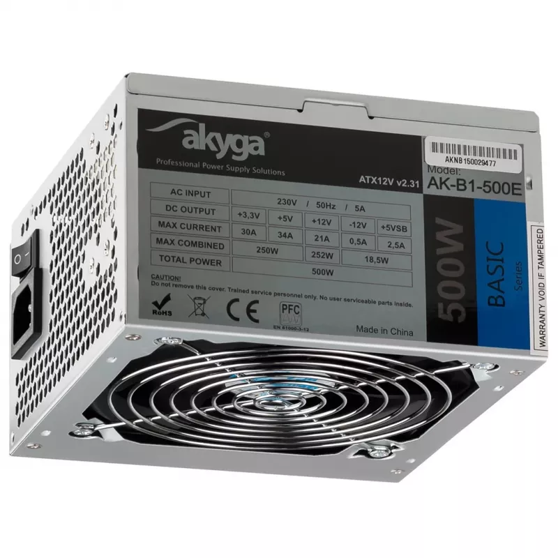 ATX maitinimo blokas Akyga AK-B1-500E 500 W, 120 mm ventiliatorius, 20+4 pin ATX, 3× SATA, pasyvus PFC
