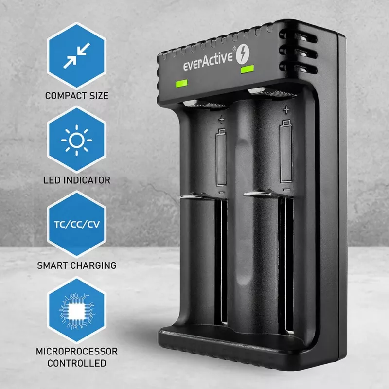 Baterijų įkroviklis everActive LC200 buitinis USB, 2 lizdai, Li-Ion, palaiko A/AA/AAA/AAAA/C/D, 5 V įėjimas, 4,2 V išėjimas, juodas