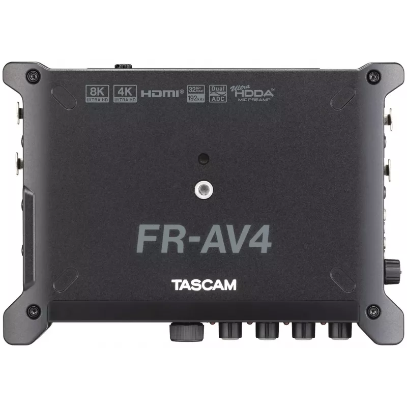 Nešiojamas garso įrašytuvas Tascam FR-AV4 — 6 kanalų, 4 XLR kombinuotos + 2x 3,5 mm, 24/32 bitų, 48/96/192 kHz, „MicroSD“ iki 512 GB, USB-C, PD