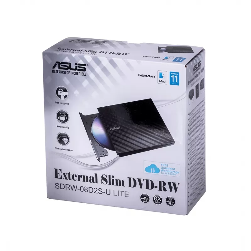 Išorinis DVD±RW optinis įrenginys ASUS SDRW-08D2S-U Lite, USB 2.0, juodas, 24x CD / 8x DVD, 142×142×20 mm