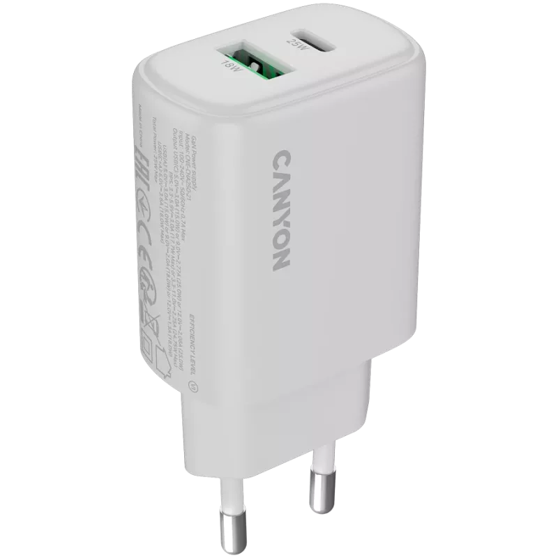 CANYON OnCharge 250 25W 1xPD 1xQC EU baltas įkroviklis