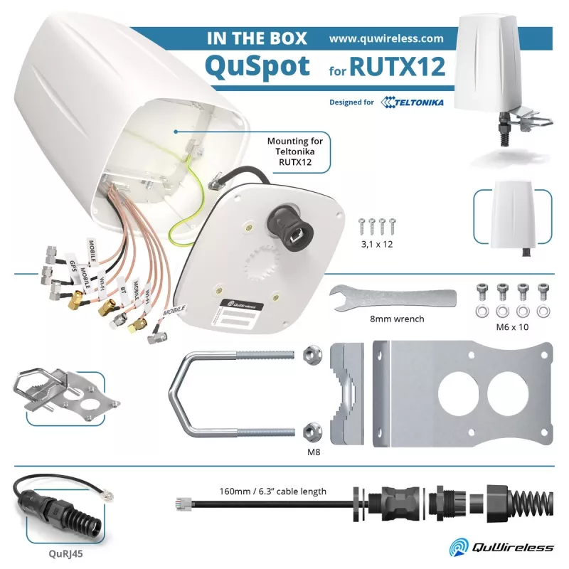 QuWireless QuSpot AX12S visakryptė 2x LTE + Wi-Fi + GPS + Bluetooth antena Teltonika RUTX12/RUTX14, PoE/LAN, iki 7 dBi, IP67, balta
