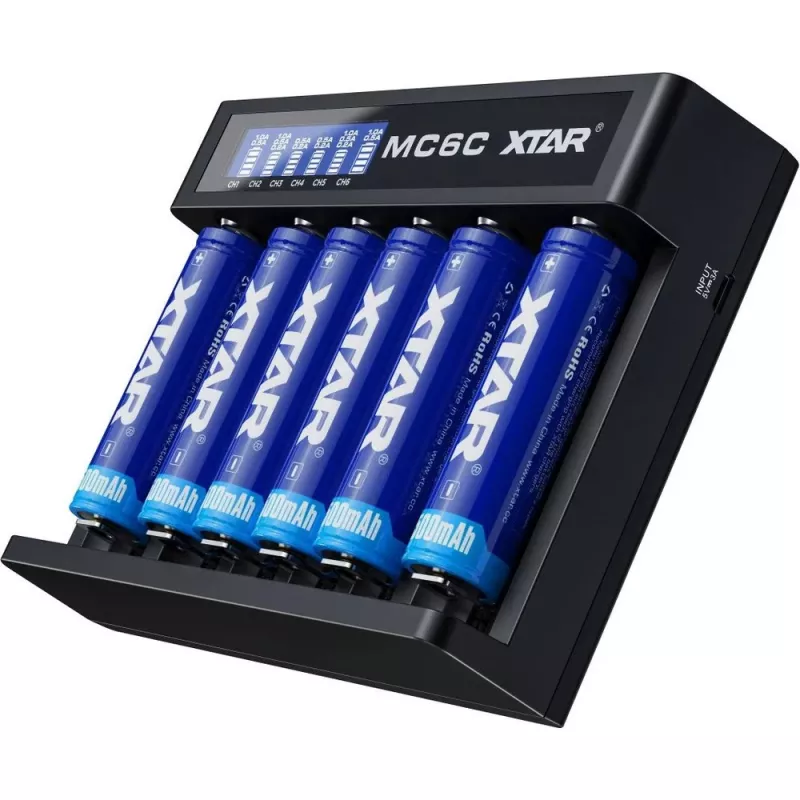 Įkroviklis XTAR MC6C 6 lizdų, Li‑jonų cilindrinėms baterijoms, 18650/21700/AA, 5V, juodas