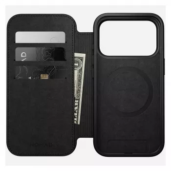 Odininis dėklas su atvartu Nomad Modern Leather Folio, skirtas iPhone 17 Pro, rudos spalvos, tinka 6,3 colio (16 cm) ekranui, 4 kortelių kišenės