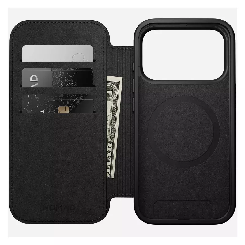 Odininis dėklas su atvartu Nomad Modern Leather Folio, skirtas iPhone 17 Pro, rudos spalvos, tinka 6,3 colio (16 cm) ekranui, 4 kortelių kišenės