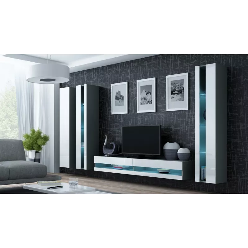 TV spintelė Cama Meble VIGO NEW 30/140/40 — 1400×400×300 mm, pilkas viršus, pilkas rėmas, balti blizgūs fasadai
