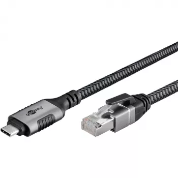 Ethernet kabelis USB-C 3.2 Gen2 kištukas > RJ-45 kištukas, LAN adapteris juodas/sidabrinis, 1,5 metro, pintas tekstilinis apvalkalas