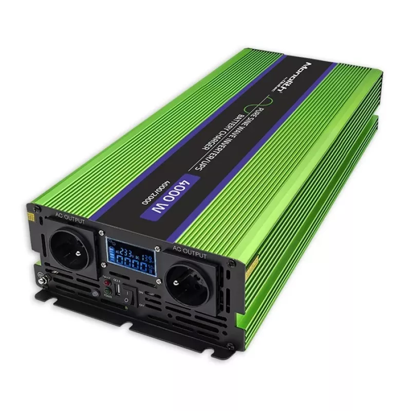 Qoltec Monolith įtampos keitiklis | Akumuliatoriaus įkroviklis | UPS | 2000 W | 4000 W | 12 V į 230 V | Grynas sinusas | LCD juodai žalias