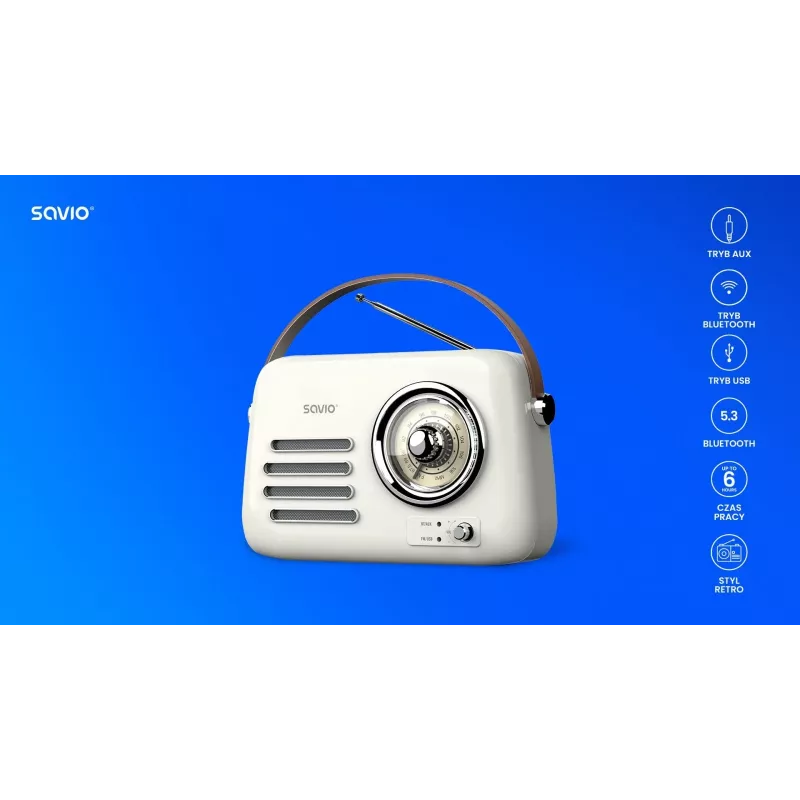 Nešiojamas radijo imtuvas SAVIO RS-02 – analoginis FM imtuvas, Bluetooth 5.3, USB maitinimas, 3 W, baltas