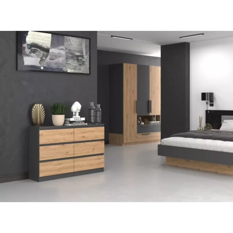Komoda Top e shop M6 120 – Antracitas/Ąžuolas, 6 stalčių, 1200×300×770 mm, medžio drožlių plokštė