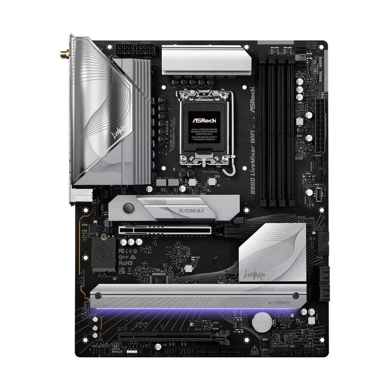 Motininė plokštė ASRock B860 LiveMixer WiFi — Intel B860, LGA 1851, ATX, DDR5, 4 DIMM, Wi‑Fi 6E, 2.5Gb LAN