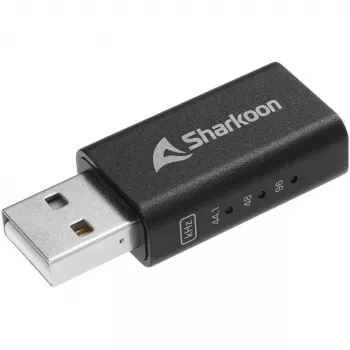 Vidinis USB Type-A į 3,5 mm DAC adapteris Sharkoon DAC Pro S — 2 V išėjimas, juodas, kompaktiškas (42×17,3×9,7 mm)