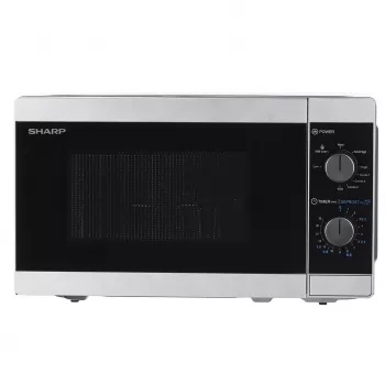 Kombinuota mikrobangų krosnelė Sharp YC-MG01E-S — 20 L, 800 W mikrobangos, 1000 W grilis, 5 galios lygiai, sukimo valdiklis, 25,5 cm padėklas