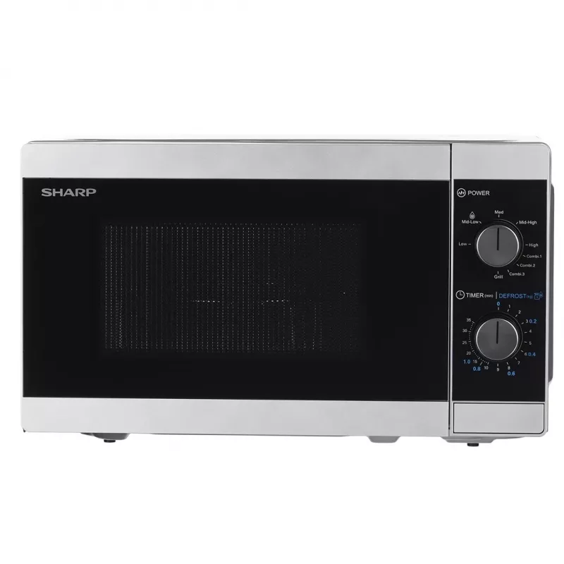 Kombinuota mikrobangų krosnelė Sharp YC-MG01E-S — 20 L, 800 W mikrobangos, 1000 W grilis, 5 galios lygiai, sukimo valdiklis, 25,5 cm padėklas