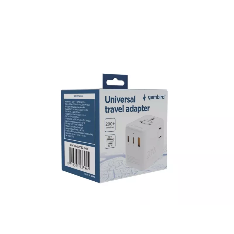 Kelioninis maitinimo adapteris GEMBIRD TPA-1A2C20-01-W — 20 W, USB-A (18 W) + 2× USB-C (20 W), E tipo kištukas, baltas