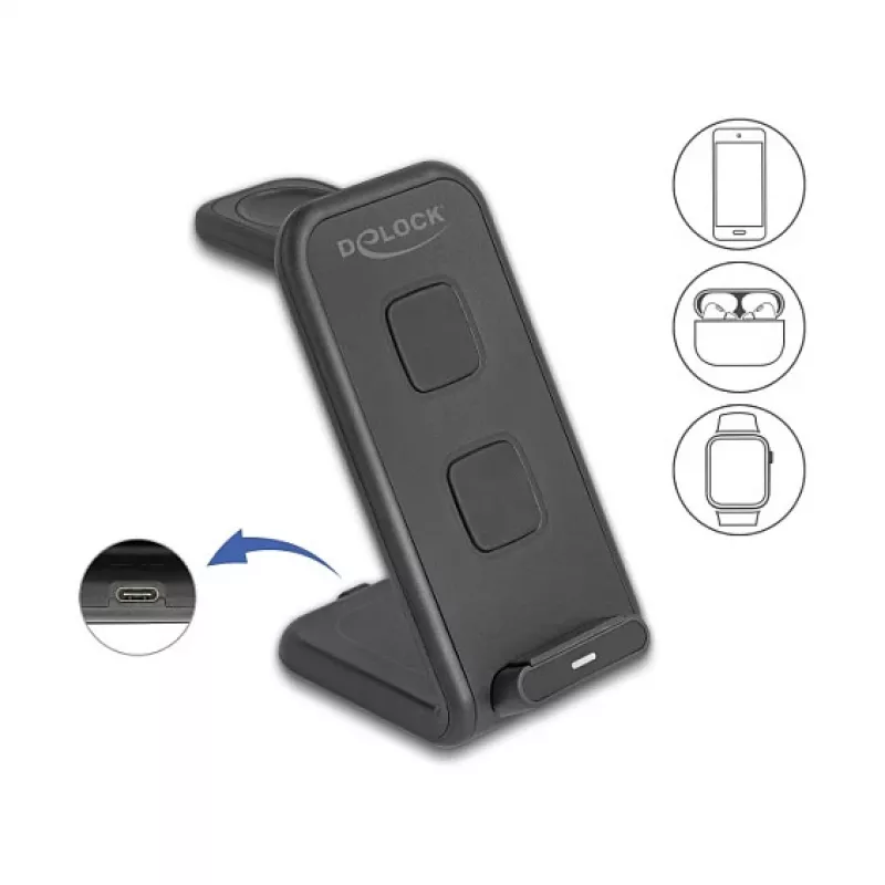 DELOCK 66941 Belaidis įkroviklis 3 viename išmaniesiems telefonams, laikrodžiams ir ausinėms, USB Type-C, 15 W, juodas