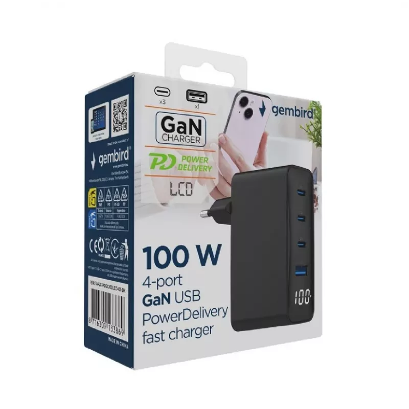 Gembird TA-UC-PDQC100LCD-01-BK greitasis 100 W USB įkroviklis nešiojamam kompiuteriui ir telefonui, juodas