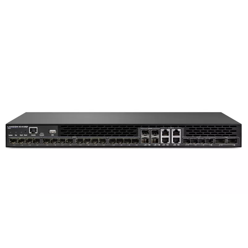 LANCOM XS-6128QF - Valdomas L3 jungiklis - 16 x 10 Gigabit SFP+ + 4 x kombinuoti 10 Gigabit SFP+/RJ-45 + 4 x kombinuoti 25 Gigabit SFP28 (aukštyn) + 2 x kombinuoti 40 Gigabit QSFP+ (aukštyn) - be ventiliatoriaus