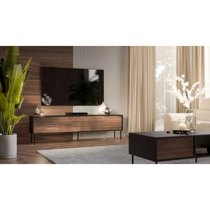 TV spintelė CORTINA 4D 200x40x55 cm, juodas viršus, riešutmedžio fasadai