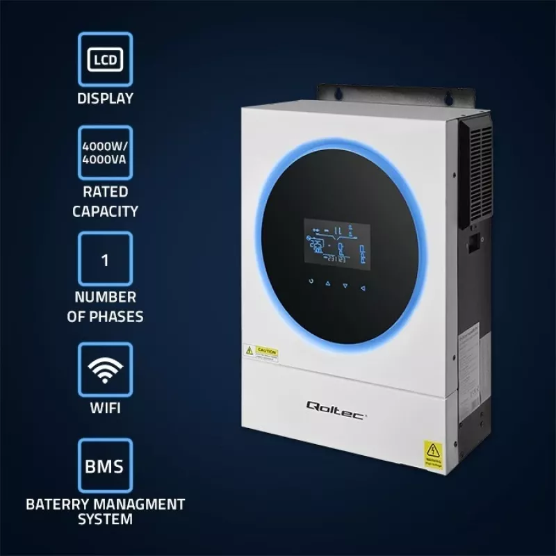 Qoltec hibridinis inverteris saulės sistemoms Off-Grid 4kVA 4kW 120A MPPT LCD Wi-Fi BMS Sinus