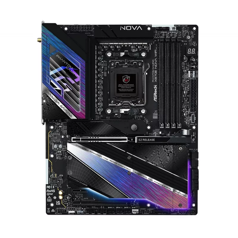 Motininė plokštė ASROCK X870E NOVA WIFI, AMD X870E, Socket AM5, ATX, DDR5, 4x DIMM, 256GB, Wi‑Fi 7, BT 5.4, 5Gb LAN, PCIe Gen5 M.2