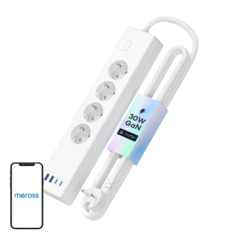 Maitinimo juosta Meross MSP844 — 4 kištukiniai lizdai, 2 USB‑A, 2 USB‑C