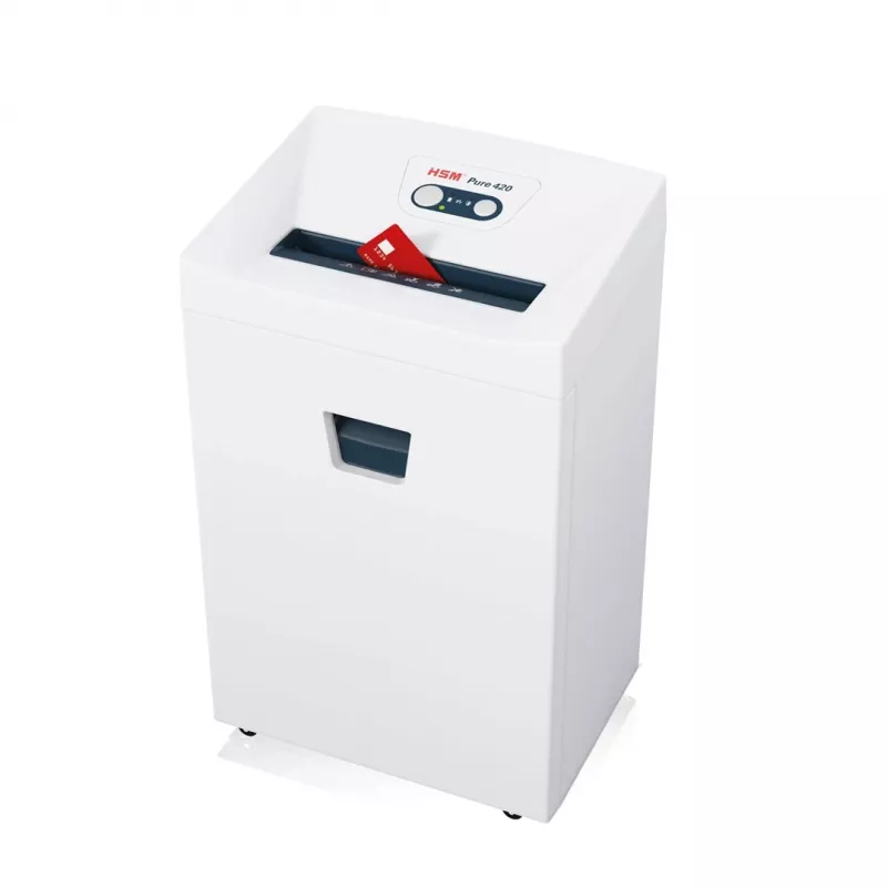 Smulkintuvas HSM Pure 420 — smulkinimas į daleles P-4, 24 cm darbinis plotis, 15 lapų talpa, 35 l krepšelis, baltas