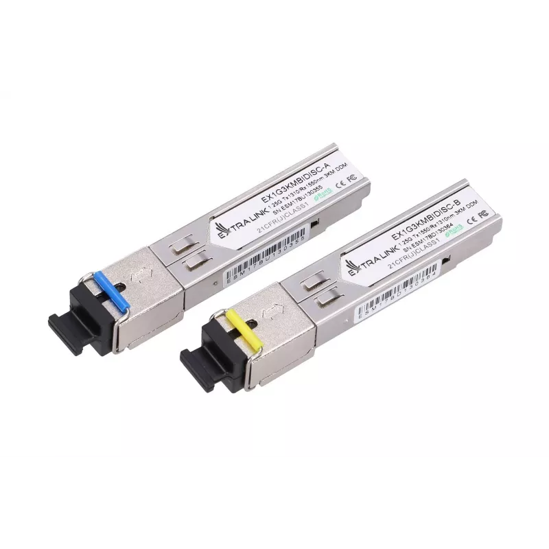 SFP WDM šviesolaidinis siųstuvų-imtuvų pora Extralink 1.25G 1310/1550nm vienmodis 3km SC DOM