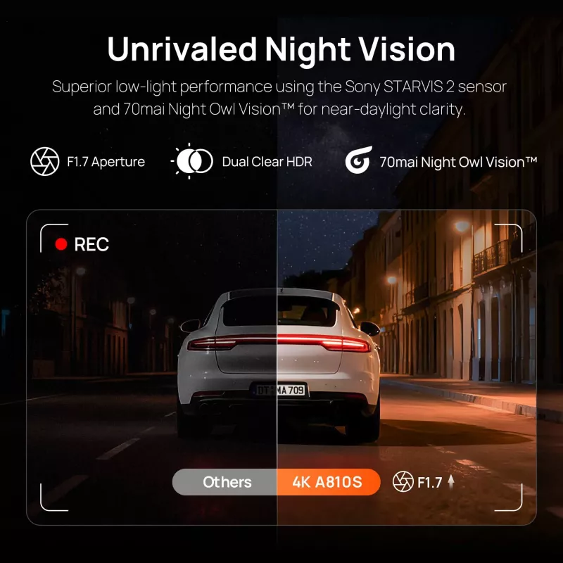 Vaizdo registratorius 70mai A810S 4K Ultra HD, 3840×2160, 146° FOV, 3 colių IPS, Wi‑Fi 6, GPS, MicroSD iki 512 GB, maitinimas iš cigarečių žiebtuvėlio