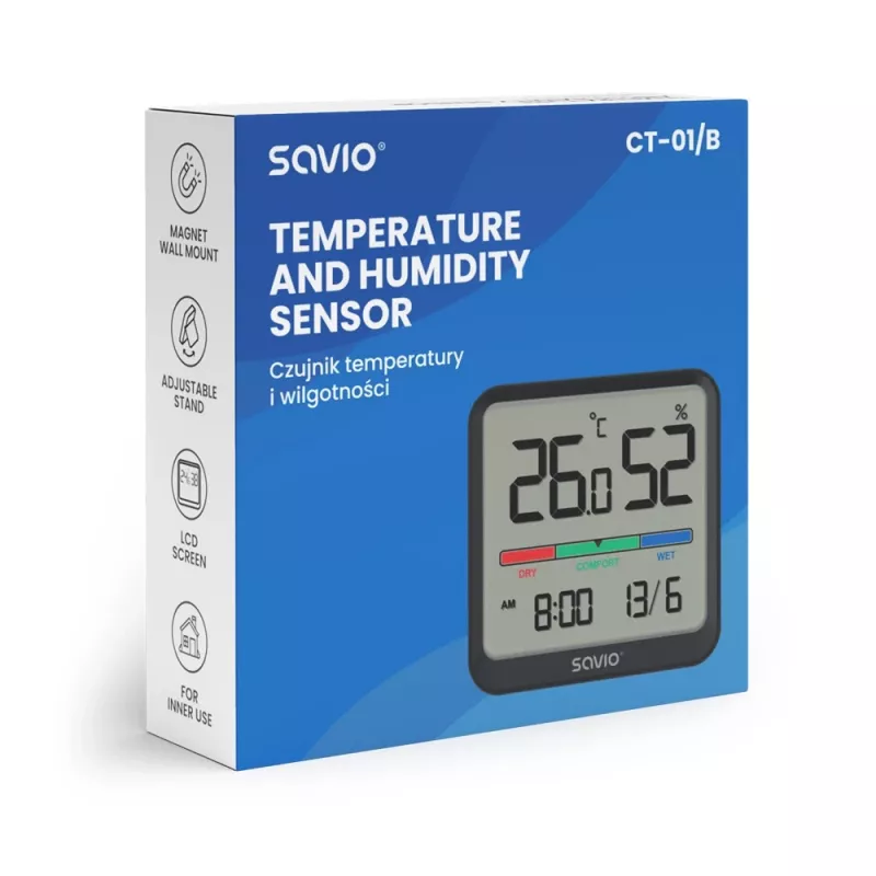 Vidaus temperatūros ir drėgmės jutiklis SAVIO CT-01/B pastatomas, LCD, -10–55°C, 10–99% RH, CR2032