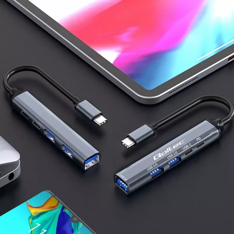 Qoltec 53790 USB-C 3.1 5in1 adapteris – USB-C PD, USB-C, 2x USB 2.0, USB 3.0