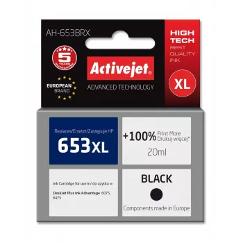 Kasetė ActiveJet AH-653BRX, suderinama su HP 653XL, juoda, 20 ml, didelės talpos (XL), 720 puslapių