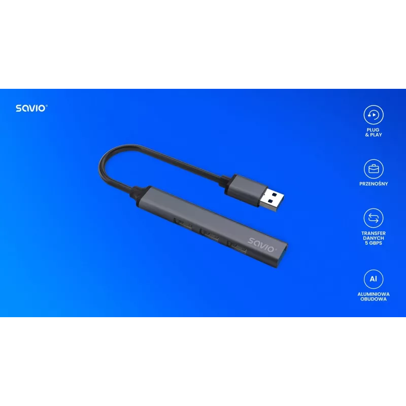 USB šakotuvas SAVIO AK-70, 4 prievadai (1× USB 3.0 + 3× USB 2.0), 5 Gbit/s