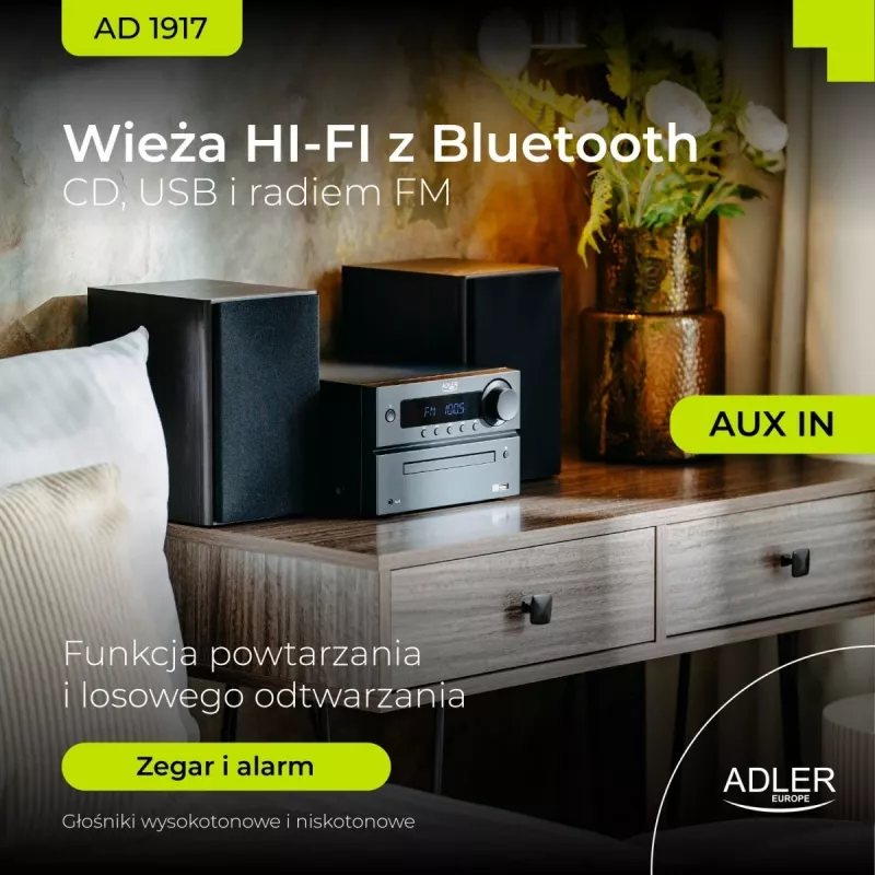 Mini Hi-Fi stereo sistema Adler AD 1917 – Bluetooth 5.3, CD/USB/MP3, 2×25 W RMS, FM imtuvas, 4 juostų ekvalaizeris, AUX, juoda